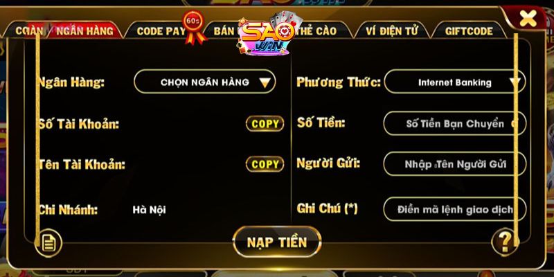 Cách nạp tiền Saowin 1 Nạp tiền Saowin qua ngân hàng